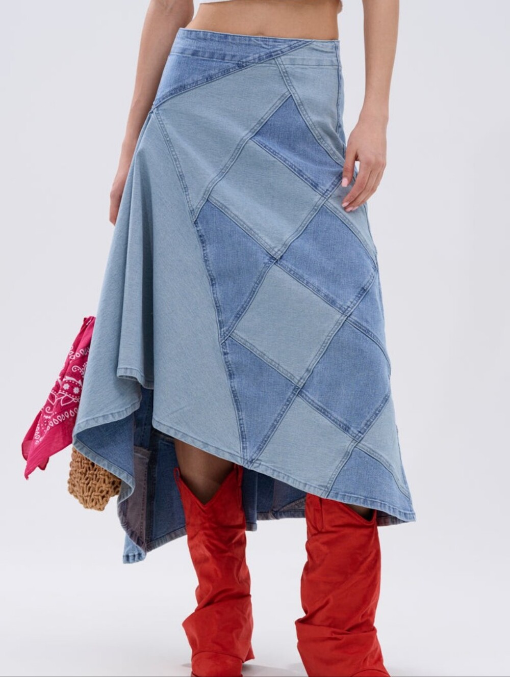 AKIRA Distressed Tiered Asymmetric Midi Skirt Blue
